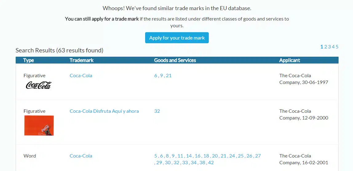 Search results of a trade mark search on the OHIM database