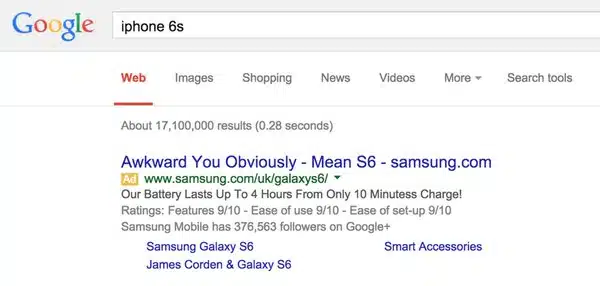 Samsung ad on iPhone trademark in Adwords